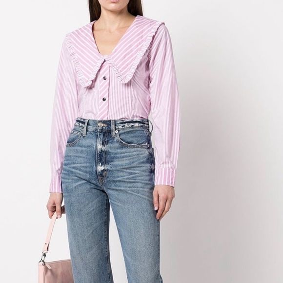 Ganni Tops - GANNI Ruffled striped cotton-poplin blouse